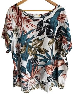 C&C California 100% Linen Tropical Top 2X Multicolour Floral Short Sleeve Shirt